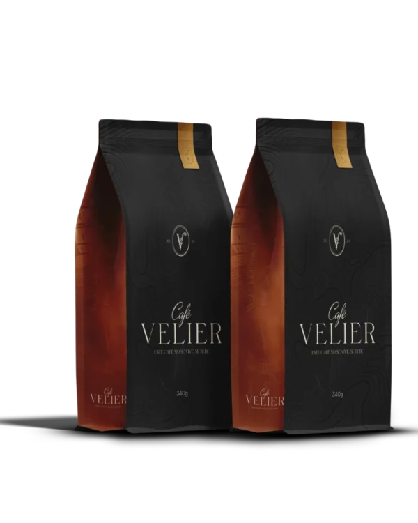 Dos bolsas de Café Velier de 340 g, negras con pestaña dorada y fuelle cobre